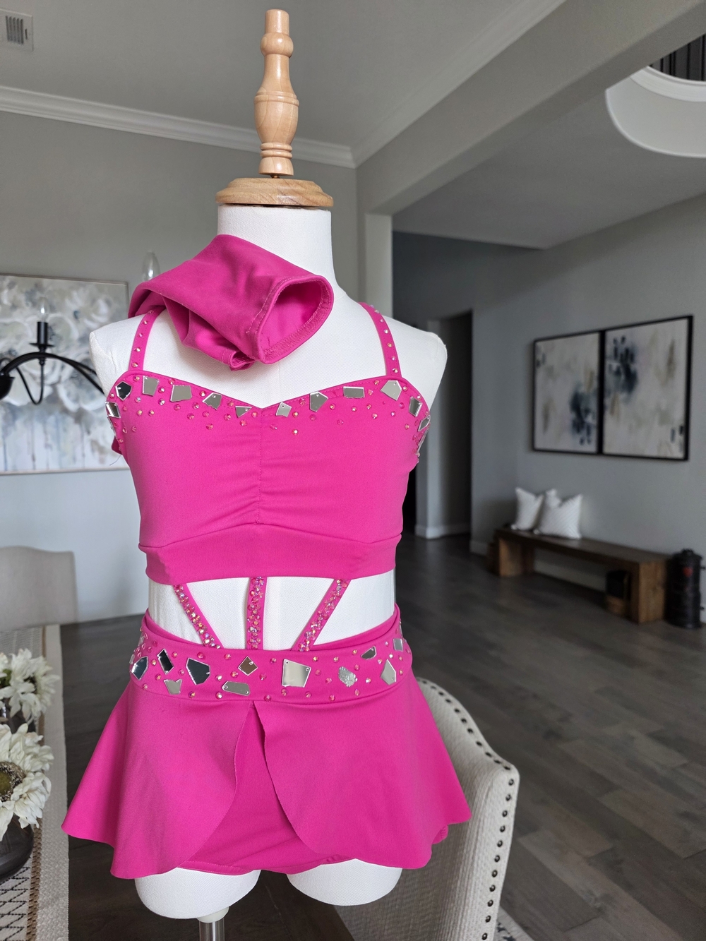 Hot Pink Two-Piece Dance Set with Studded Mirror Accents